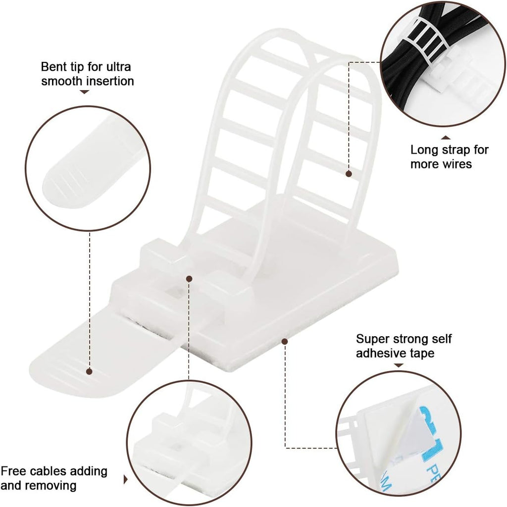 50Pcs Adhesive Cable Management Clips with 50Pcs Zip Ties, Adjustable Nylon Cable Strap Ties Wire Clips Clamps Organizer, Extra Screw & Hole - 3.55 Inch White