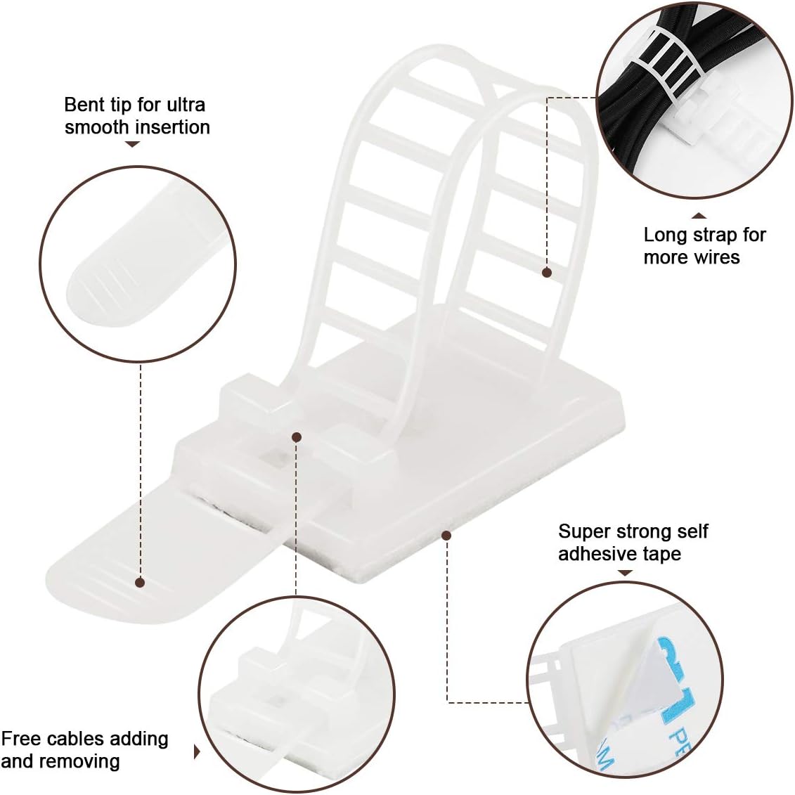 50Pcs Adhesive Cable Management Clips with 50Pcs Zip Ties, Adjustable Nylon Cable Strap Ties Wire Clips Clamps Organizer, Extra Screw & Hole - 3.55 Inch White