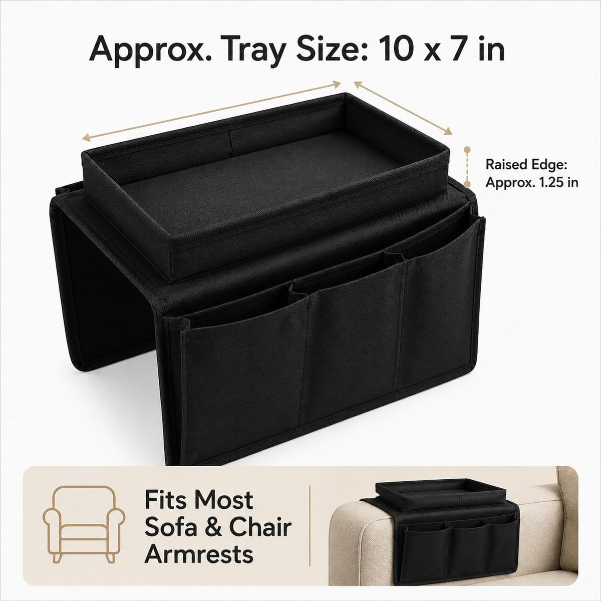 Dependable Industries inc. Essentials Sofa Armrest Organizer with Table - 5 Pockets, Anti-Slip Bottom, TV Remote Holder - Drapes Over Sofa Arm Relaxation and Convenience