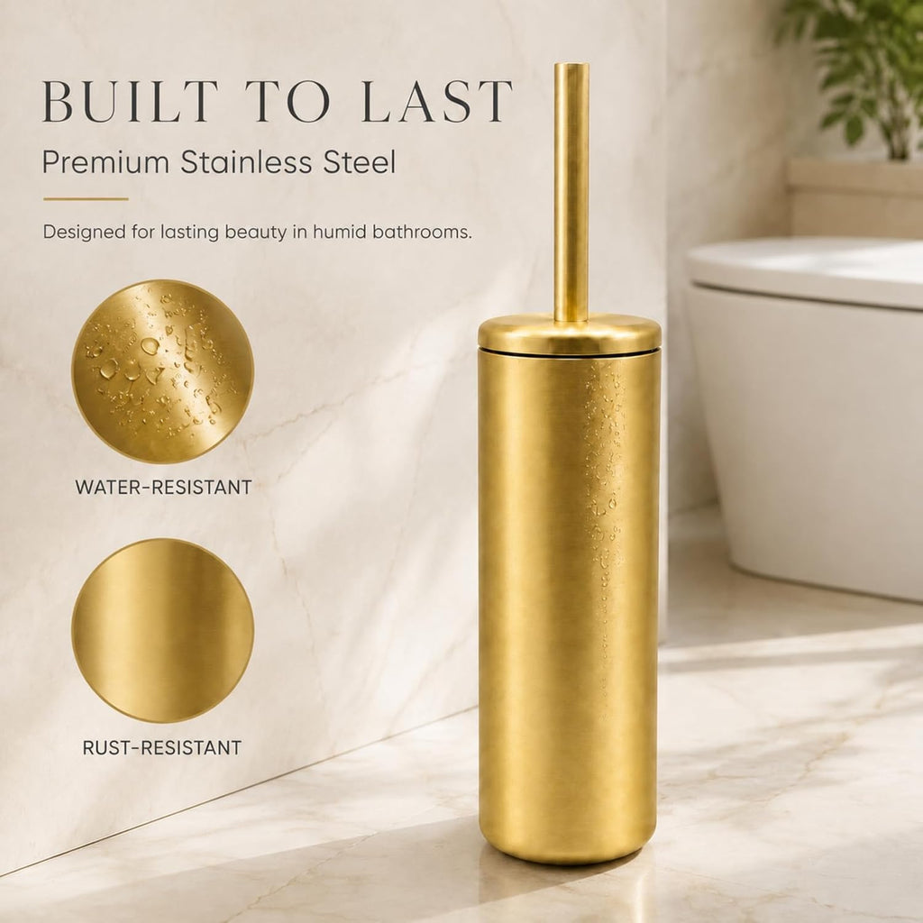 Chrome Toilet Brush and Holder Set，Extra Long Handled Toilet Bowl Brush and Holder，Stainless Steel Heavy Duty Toilet Brush for Bathroom,Deep Cleaning Modern Toilet Cleaner Slip Base (Gold)