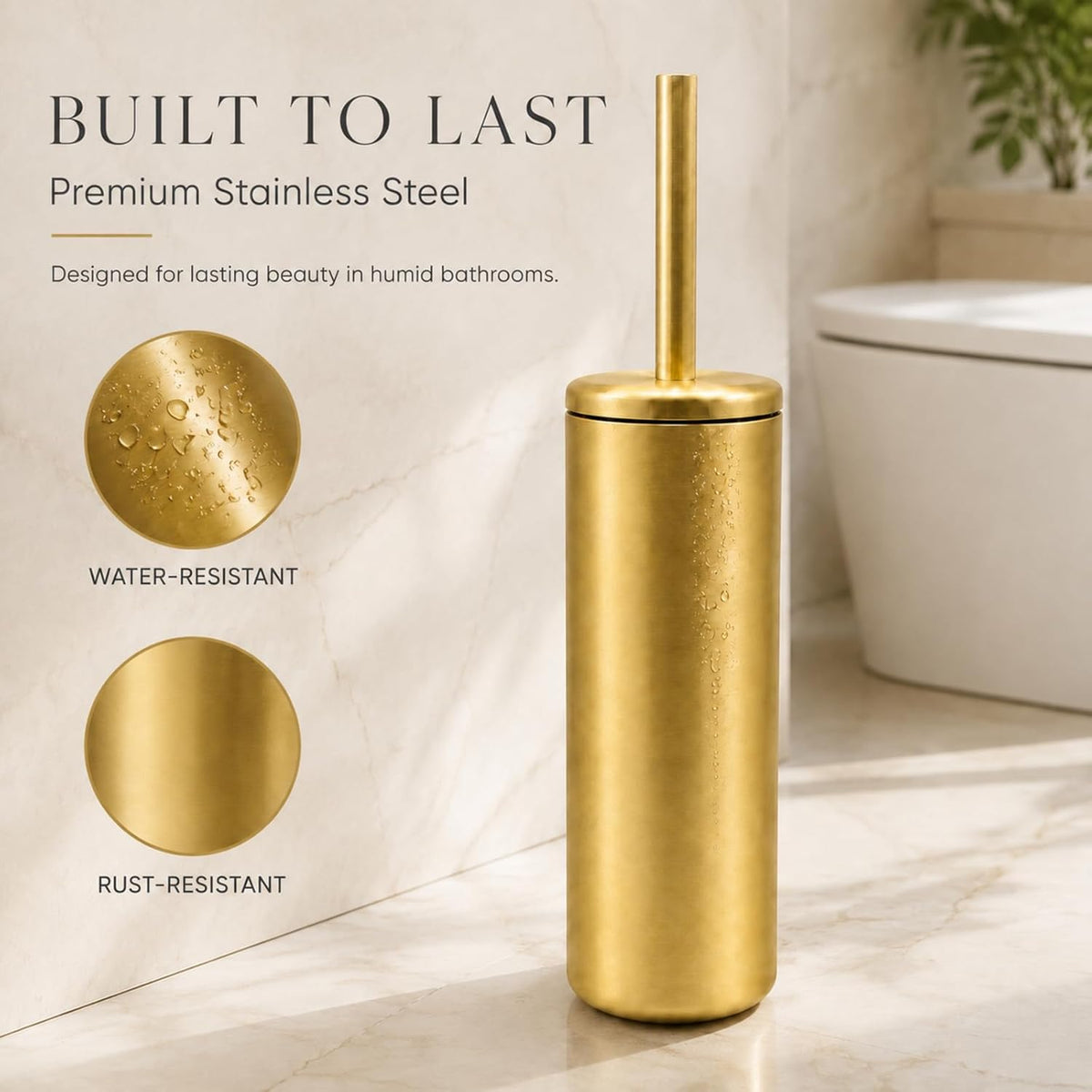 Chrome Toilet Brush and Holder Set，Extra Long Handled Toilet Bowl Brush and Holder，Stainless Steel Heavy Duty Toilet Brush for Bathroom,Deep Cleaning Modern Toilet Cleaner Slip Base (Gold)