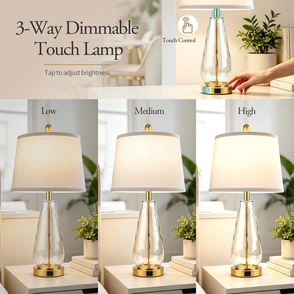 27'' Glass Table Lamps Set of 2 for Living Room, Gold Modern Lamps