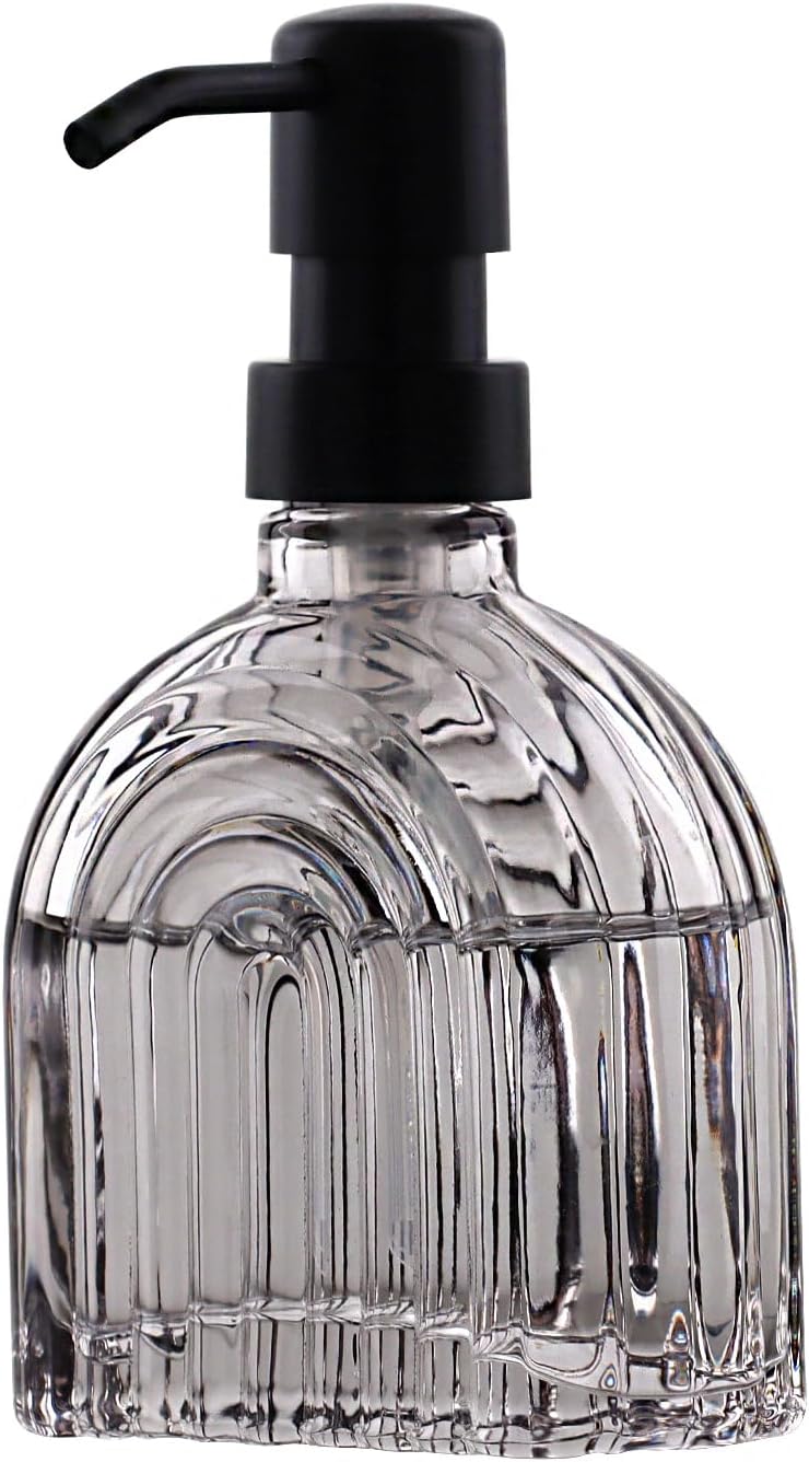 Glass Soap Dispenser for Kitchen and Bathroom Contertop Wash Hand Liquid, Dish Detergent, Farmhouse Style Shampoo Lotion Pump (1, Grey Glass with Black, 4" x 2"x 6-5/8")