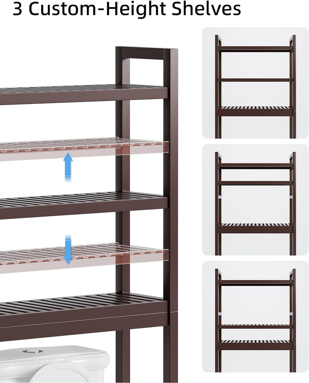 SMIBUY Bathroom Storage Shelf, Bamboo Over-The-Toilet Organizer Rack, Freestanding Toilet Space Saver with 3-Tier Adjustable Shelves (Dark Brown)