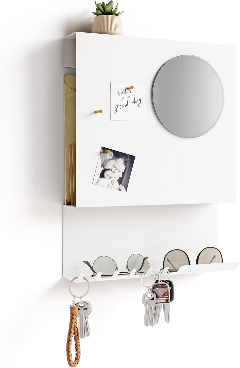 Key Holder Wall Mount and Mail Organizer, White