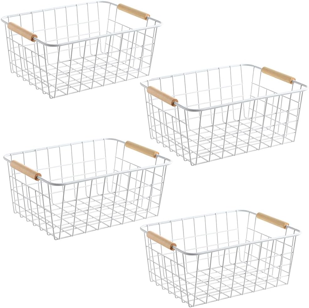 LeleCAT White Wire Baskets for Organizing with Handles，Pantry Organizers and Storage For Kitchen, Household Snack Basket for Cabinets, Closets, Bedrooms,food - Set of 4(White)