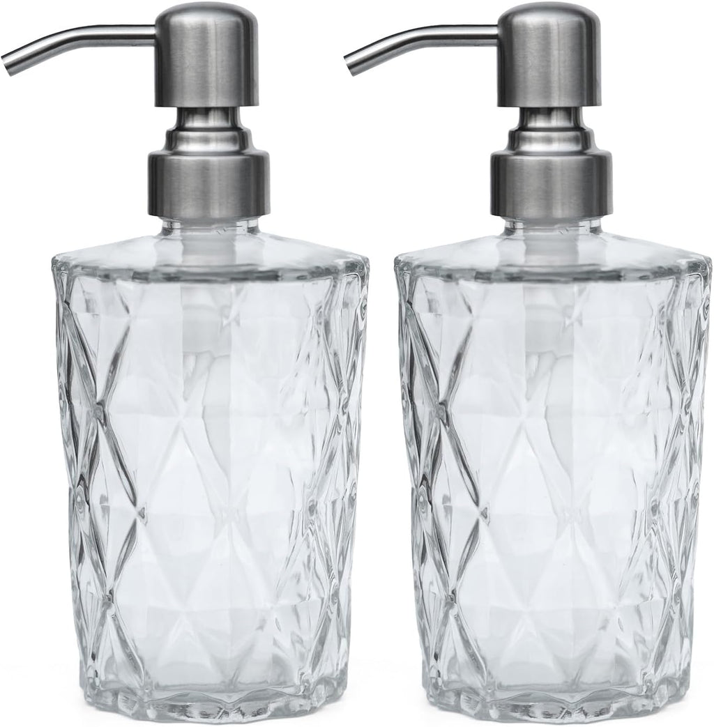 16 OZ Diamond Design Soap Dispense with 304 Rust Proof Stainless Steel Pump Glass Soap Dispenser Kitchen Soap Dispenser Bathroom
