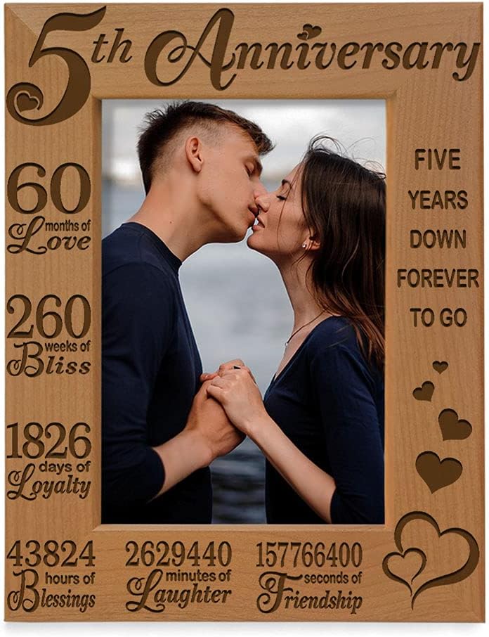 KATE POSH 5th Anniversary Engraved Natural Wood Picture Frame and Gifts, 5th Wood Wedding Anniversary (5x7-Vertical)