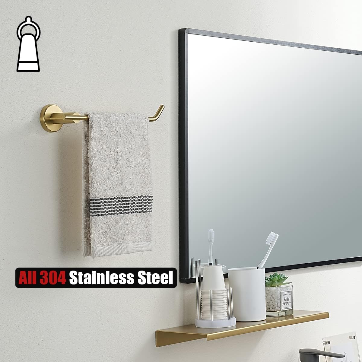 JQK Bathroom Hardware Set, 5-Piece Bath Accessories Set Brass Gold Wall Mount Includes 24 in Towel Bar, 9 in HT Bar, TP Holder, Towel Hook x 2 Brushed Gold, BAS105-BG
