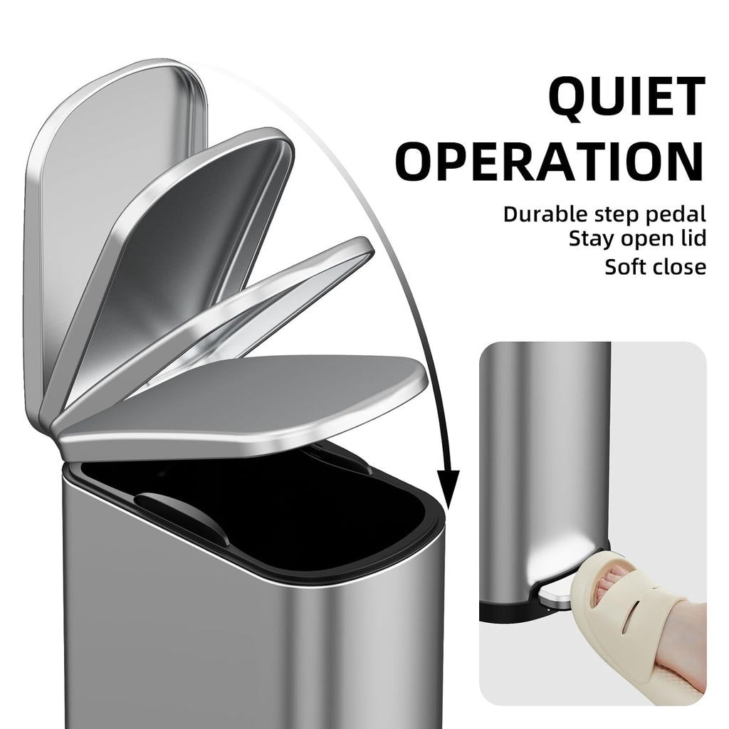 2.6 Gal Bathroom Trash Can with Soft Close Stay Open Lid, Small Rectangular 10L Stainless Steel Waste bin for Narrow Space, Waterproof, Matte Silver
