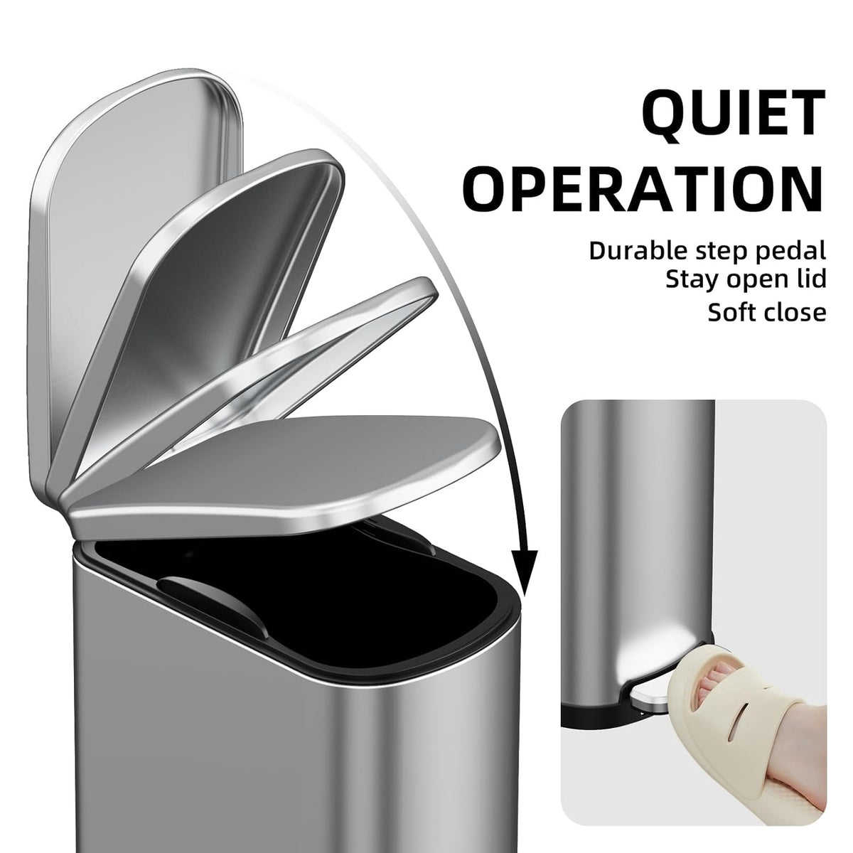 2.6 Gal Bathroom Trash Can with Soft Close Stay Open Lid, Small Rectangular 10L Stainless Steel Waste bin for Narrow Space, Waterproof, Matte Silver
