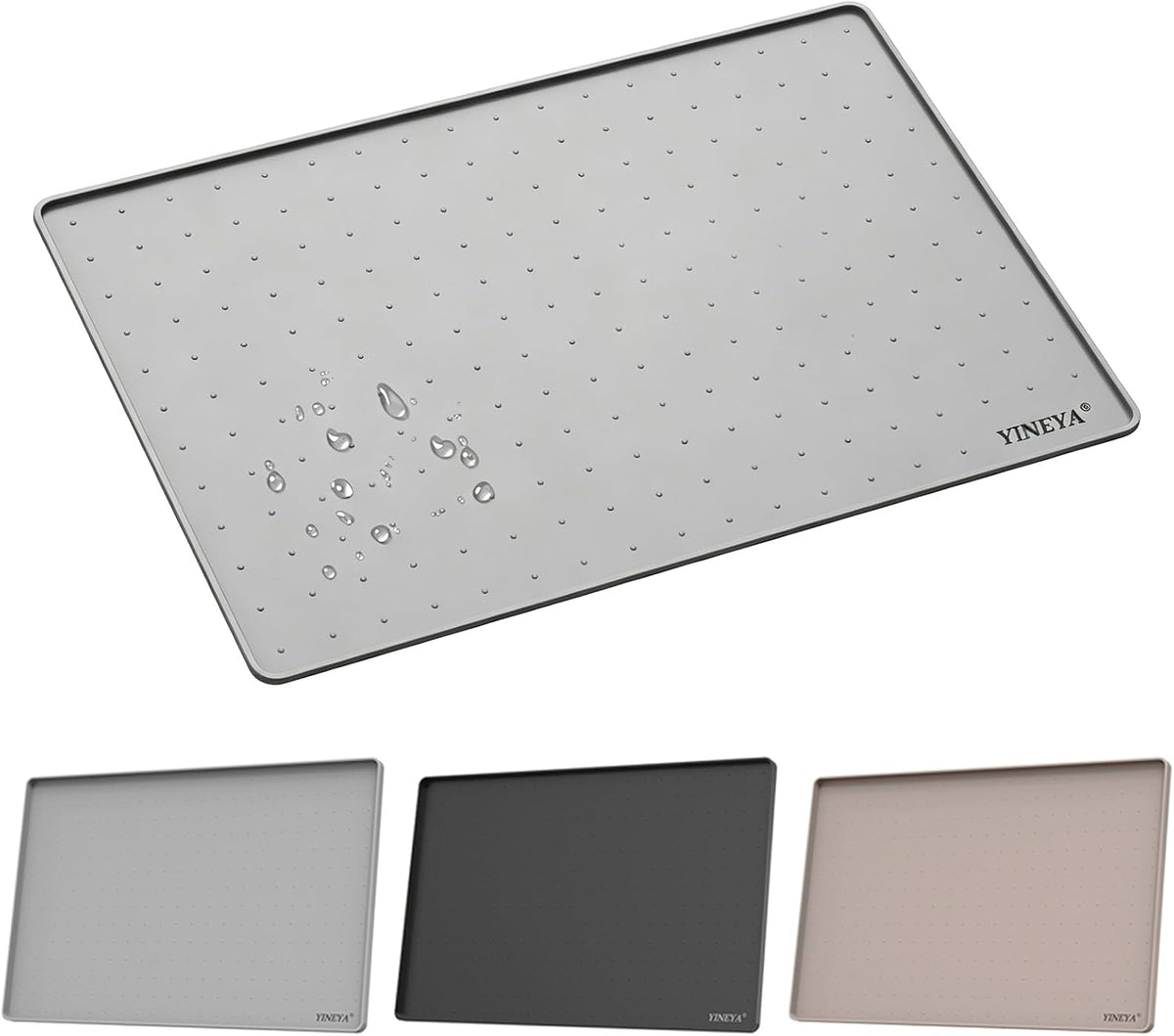 YINEYA 18" x 12" Silicone Cat Food Mat Waterproof, 0.2" Raised Edge(Gray)
