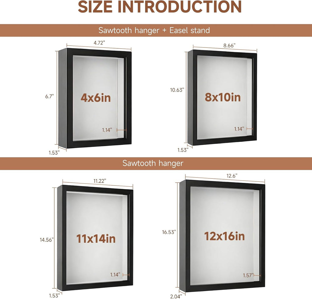 4 Pack 3D Shadow Box Frame Display Case Set for 4x6/8x10/11x14/12x16 Photos