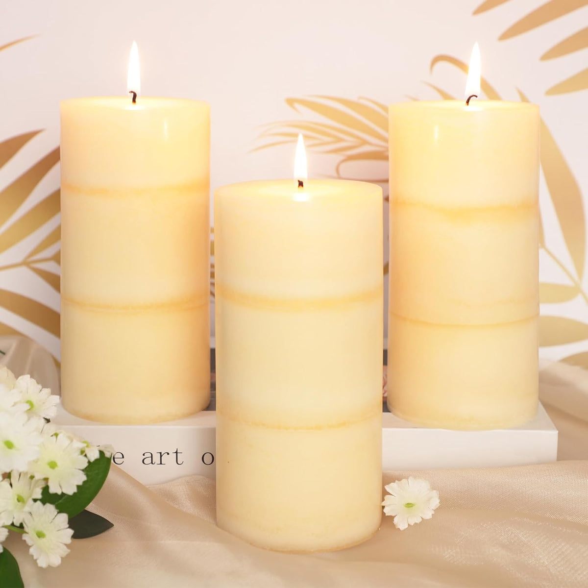 3x6 Inches Jasmine Scented Pillar Candles Ivory White Hand-Poured Long Burning Aromatherapy Candle for Home Scented Stress Relief Meditation Wedding Bar Table Centerpiece Decoration, 3 Pack
