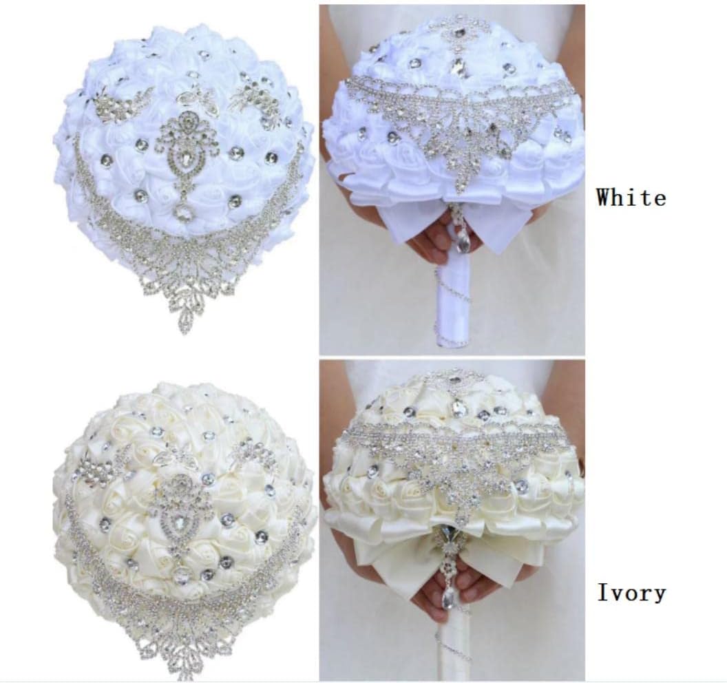 Handmade Luxury Wedding Bridal Bouquet Large Silk Rose Holding Toss Artificial Flowers Bouquets with Satin Ribbon Pearls Rhinestone for Bride Vintage Royal Wedding Bouquet Decor(Ivory)