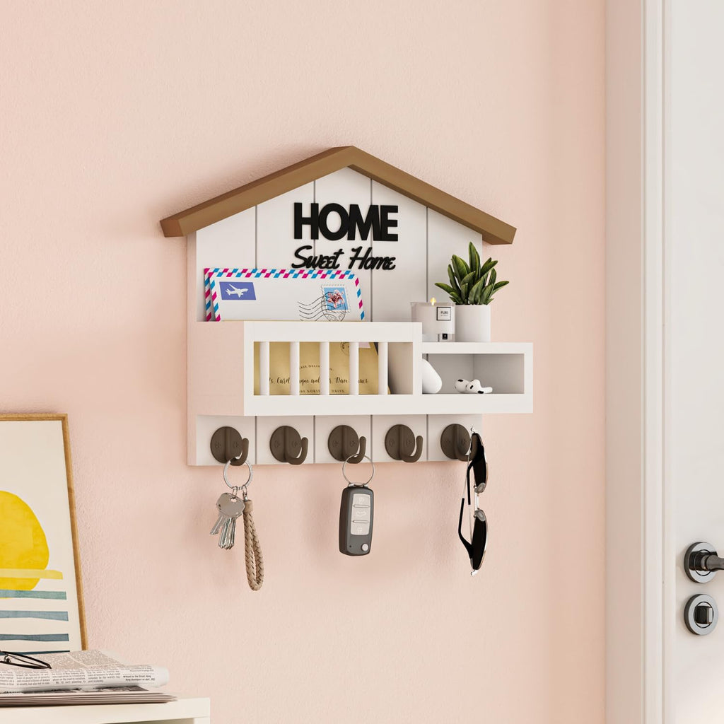 Key and Mail Holder for Wall, Wall Key Holder with Shelf, Key Rack Wall Mount, Wood Key Holder Wall Mount White, Mail Organizer Wall Mounted, Entryway & Front Door Key Holder with 5 Hooks