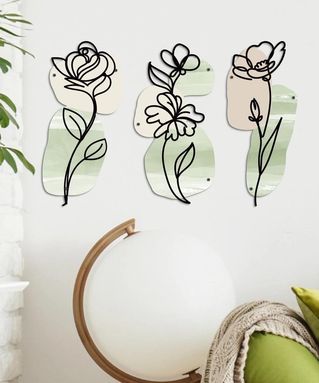 Putuo Decor Metal Flower Wall Decor, 3PCS Minimalist Floral Wall Art, Boho Spring Wall Sculptures for Living Room Bedroom Bathroom Kitchen, Modern Metal Flowers Decorations