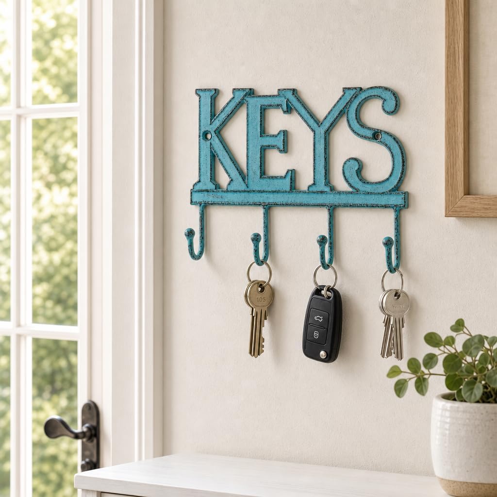 Comfify Rustic Blue Cast Iron Key Holder for Wall – Keys Sign with 4 Hooks