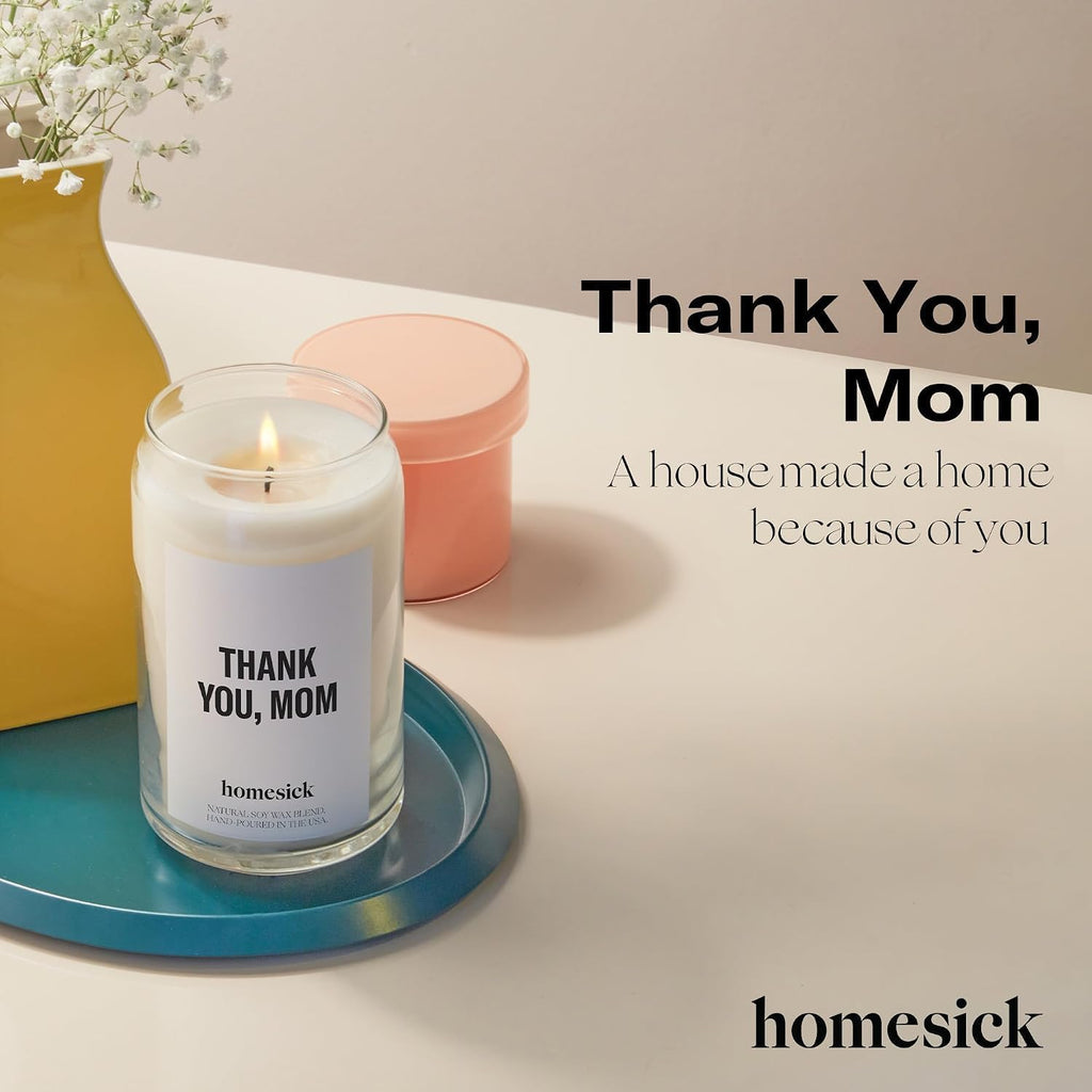 Homesick Thank You Mom Candle – 13.75 oz Scented Candle in Sage Sandalwood Soy Wax Blend, Non-Toxic, 80 Hr Burn with Organic Cotton Wick, Reusable Jar – Best Wedding & Engagement Gifts for Couples