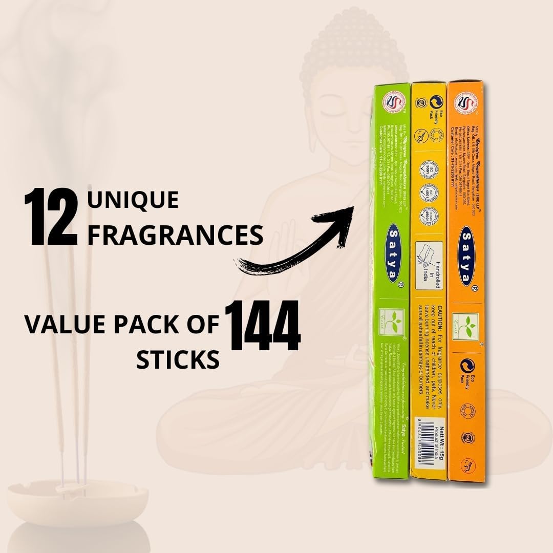 Satya Natural Incense Sticks Assortment – 12 Pack, 15g Each – Hand Rolled in India – Aromatherapy, Meditation, Yoga, Relaxation, Stress Relief, Home Fragrance