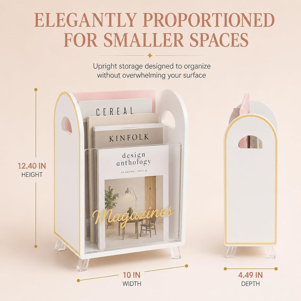 Khen Acrylic Magazine Rack Holder & Gold Trim - 12.40" x 10" x 4.49" - Crystal Lucite Clear - Shatterproof - Open Top - Space Saver - For Magazines, Publications, Office Desk, Reception, Waiting Room