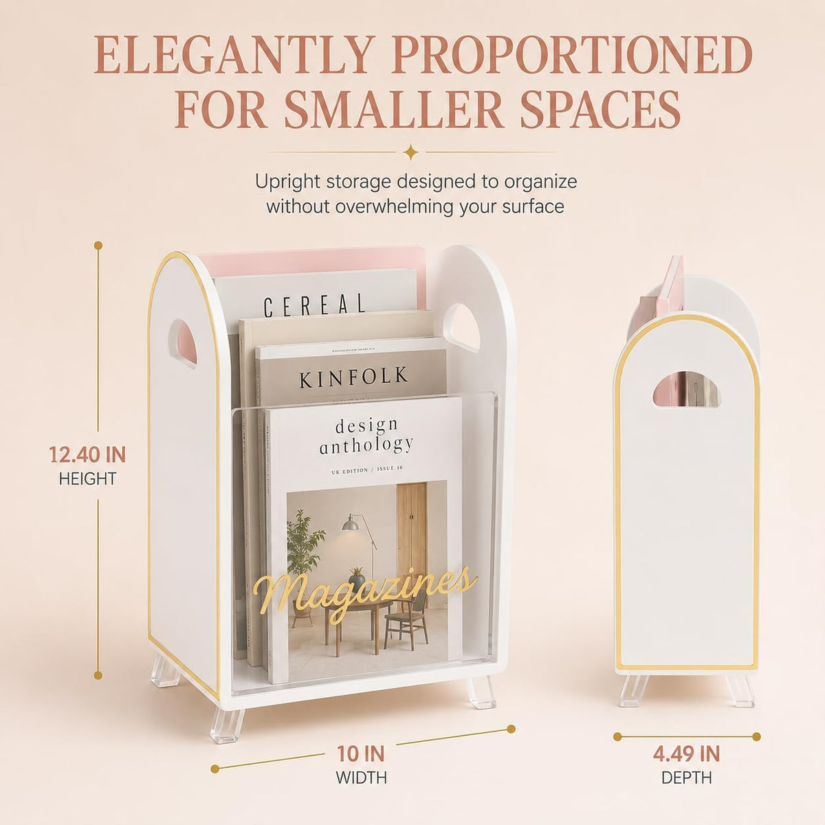 Khen Acrylic Magazine Rack Holder & Gold Trim - 12.40" x 10" x 4.49" - Crystal Lucite Clear - Shatterproof - Open Top - Space Saver - For Magazines, Publications, Office Desk, Reception, Waiting Room