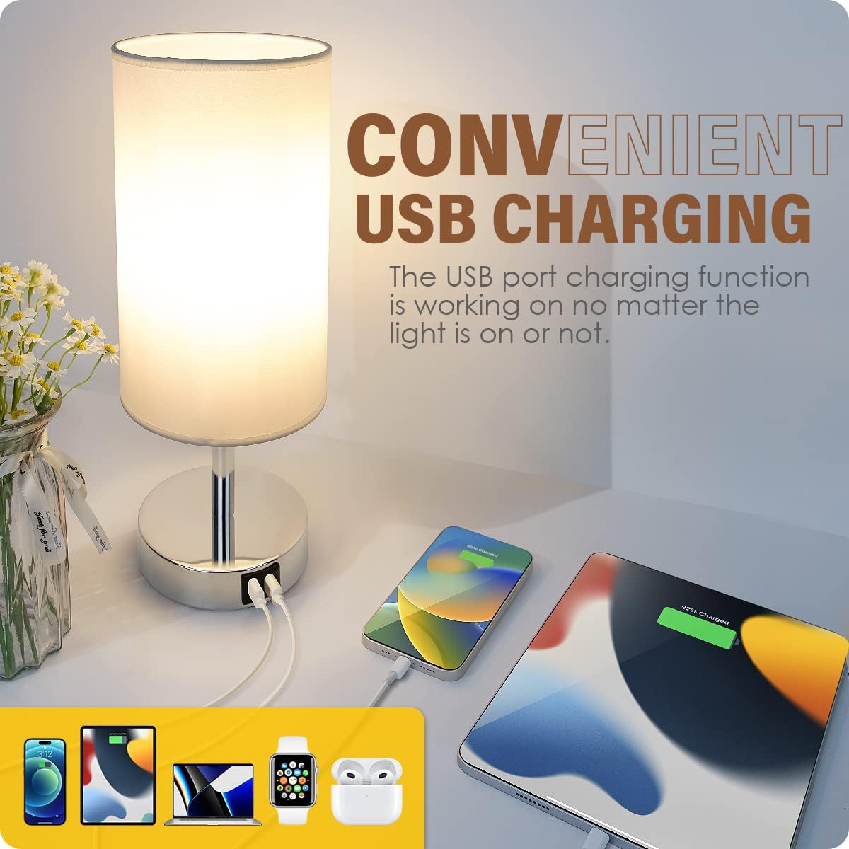 Yarra-Decor Bedside Lamp with USB Port - Touch Control Table Lamp for Bedroom 3 Way Dimmable Nightstand Lamp with Round White Fabric Shade for Living Room, Dorm, Home Office (LED Bulb Included)