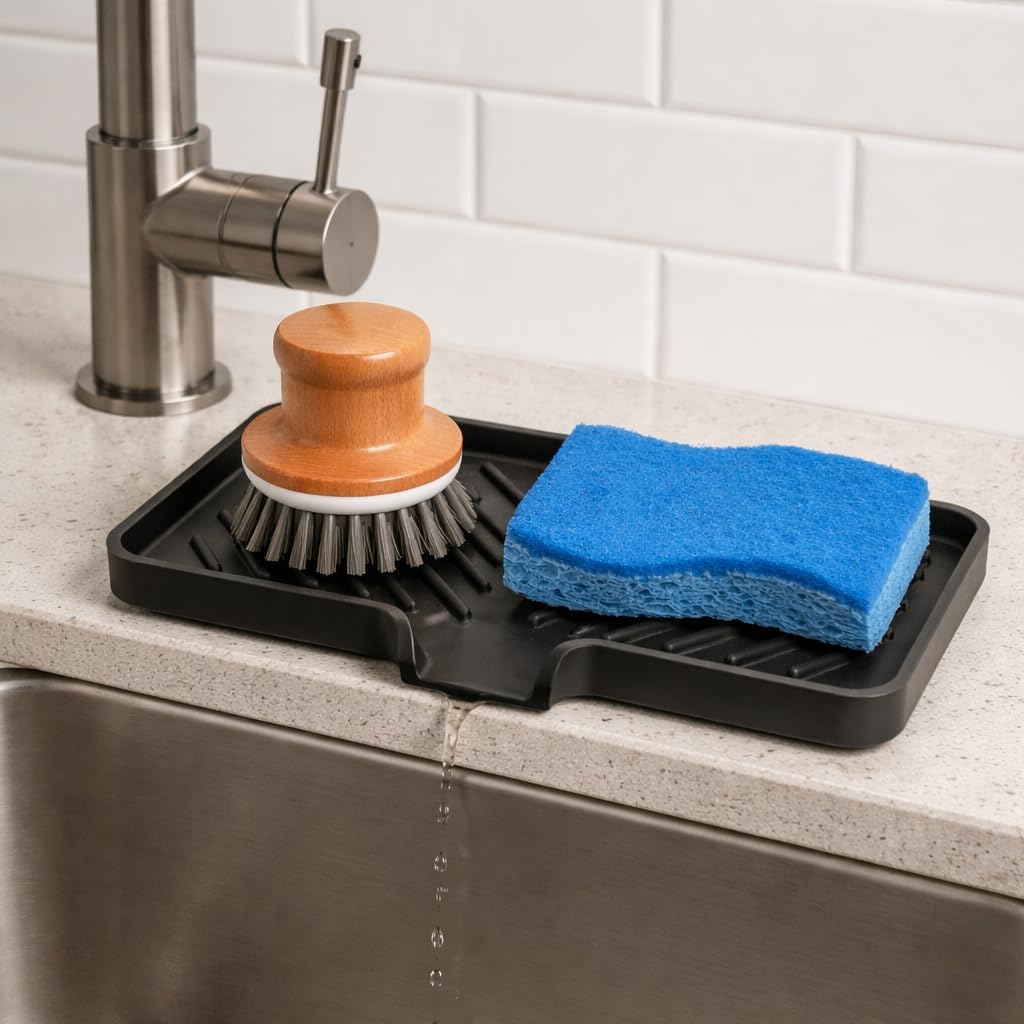 Silicone Soap Dish Tray and Sponge Holder with Drain Chute and Feet | 3-Way Sloped Design | Bathroom and Kitchen Sink Organizer Caddy (Sand Dollar, 10"x4", 7.8 Ounces)