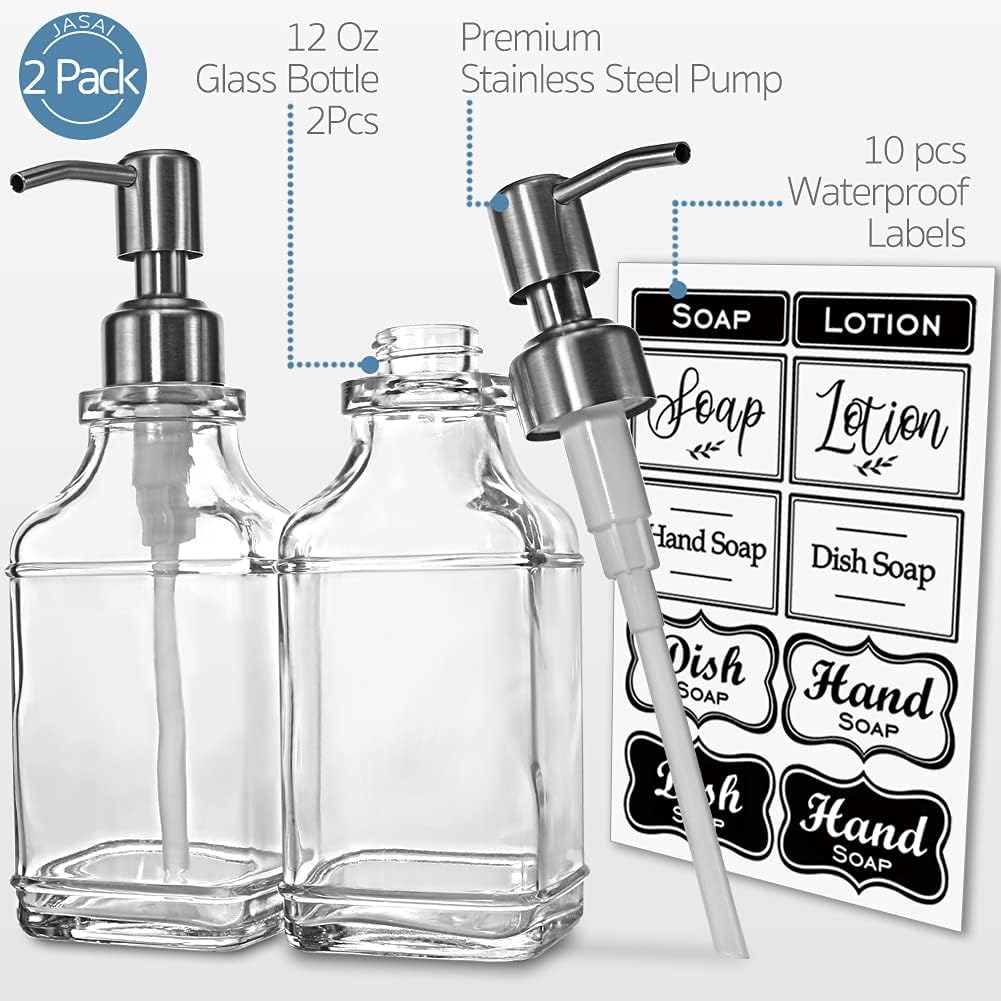 JASAI 2Pack Hand&Dish Glass Soap Dispenser with Rust Proof Pump & Stickers