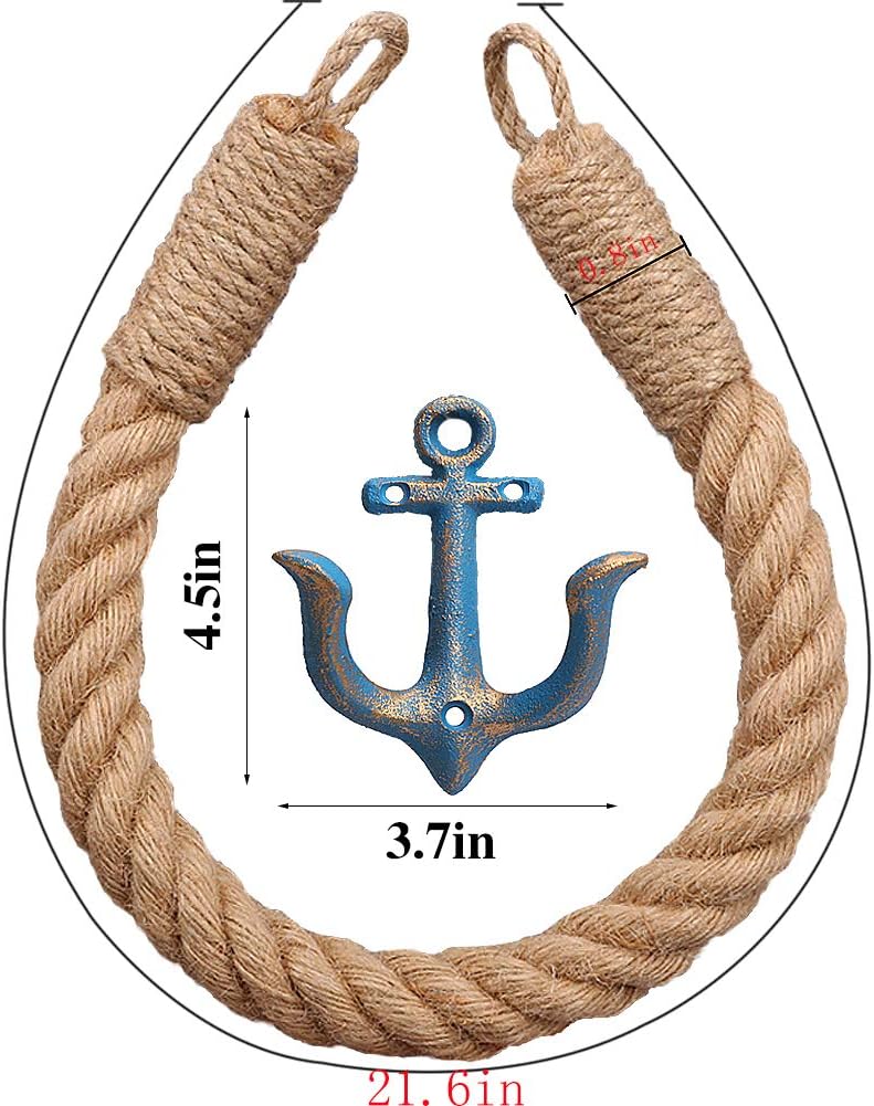 2 Pcs Nautical Rope Toilet Paper Holder Wall-Mounted Towel Ring Nautical Toilet Paper Holder with Metal Hooks Coastal Towel Rack Natural Antique Rope(Blue+Blue)