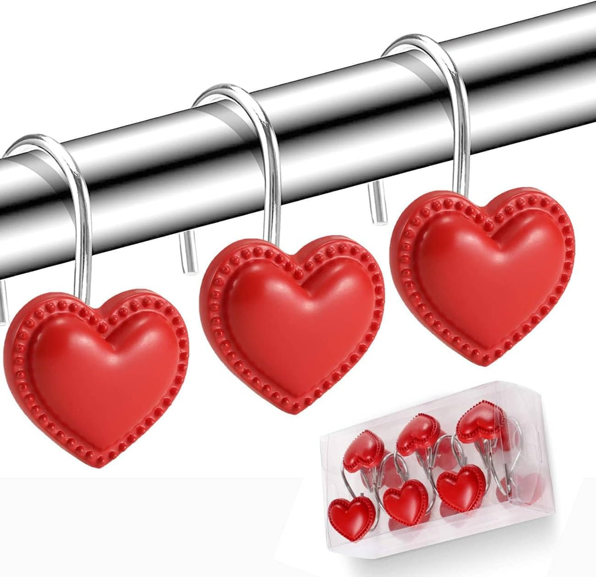 12 Pieces Heart Shaped Shower Curtain Hooks, Decorative Valentines Day Curtain Hooks,Stainless Steel Rust Resistant Curtain Rings, Red