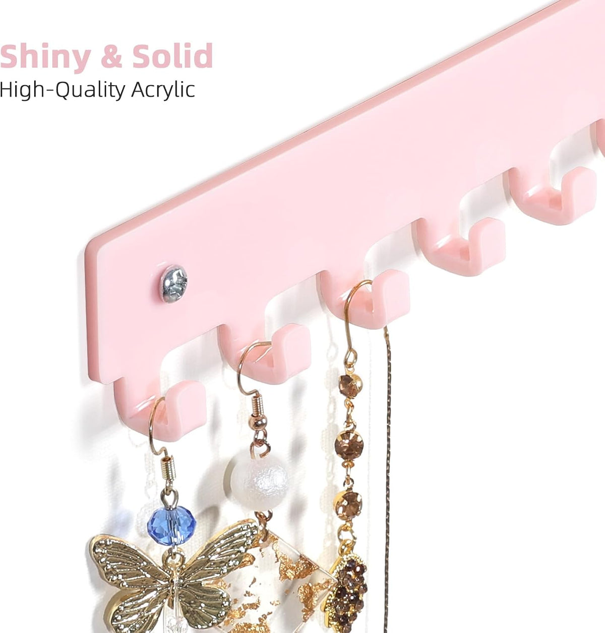 Acrylic Necklace Holder 4 Pack Wall Mounted Necklace Organizer Hanging Jewelry Organizer with 12 Hooks for Necklaces, Bracelets, Rings and Bangles Display Pink