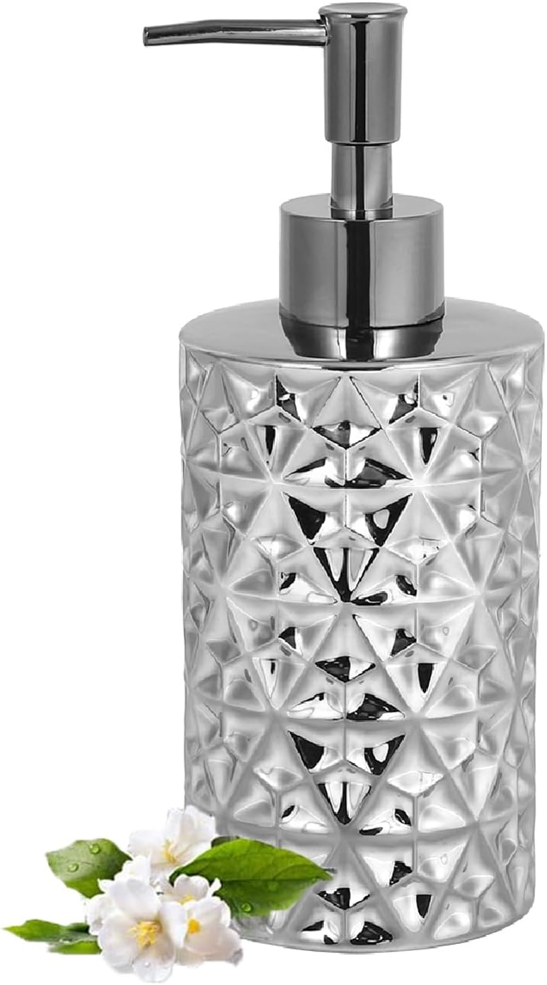 12 Oz Ceramic Soap Dispenser with Rust Proof Stainless Steel Pump,Refillable Diamond Lotion Soap Dispenser for Bathroom, Kitchen, Hand Soap, Dish Soap,Shampoo, Ideal for Bathroom Countertop. Silver.