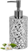 12 Oz Ceramic Soap Dispenser with Rust Proof Stainless Steel Pump,Refillable Diamond Lotion Soap Dispenser for Bathroom, Kitchen, Hand Soap, Dish Soap,Shampoo, Ideal for Bathroom Countertop. Silver.
