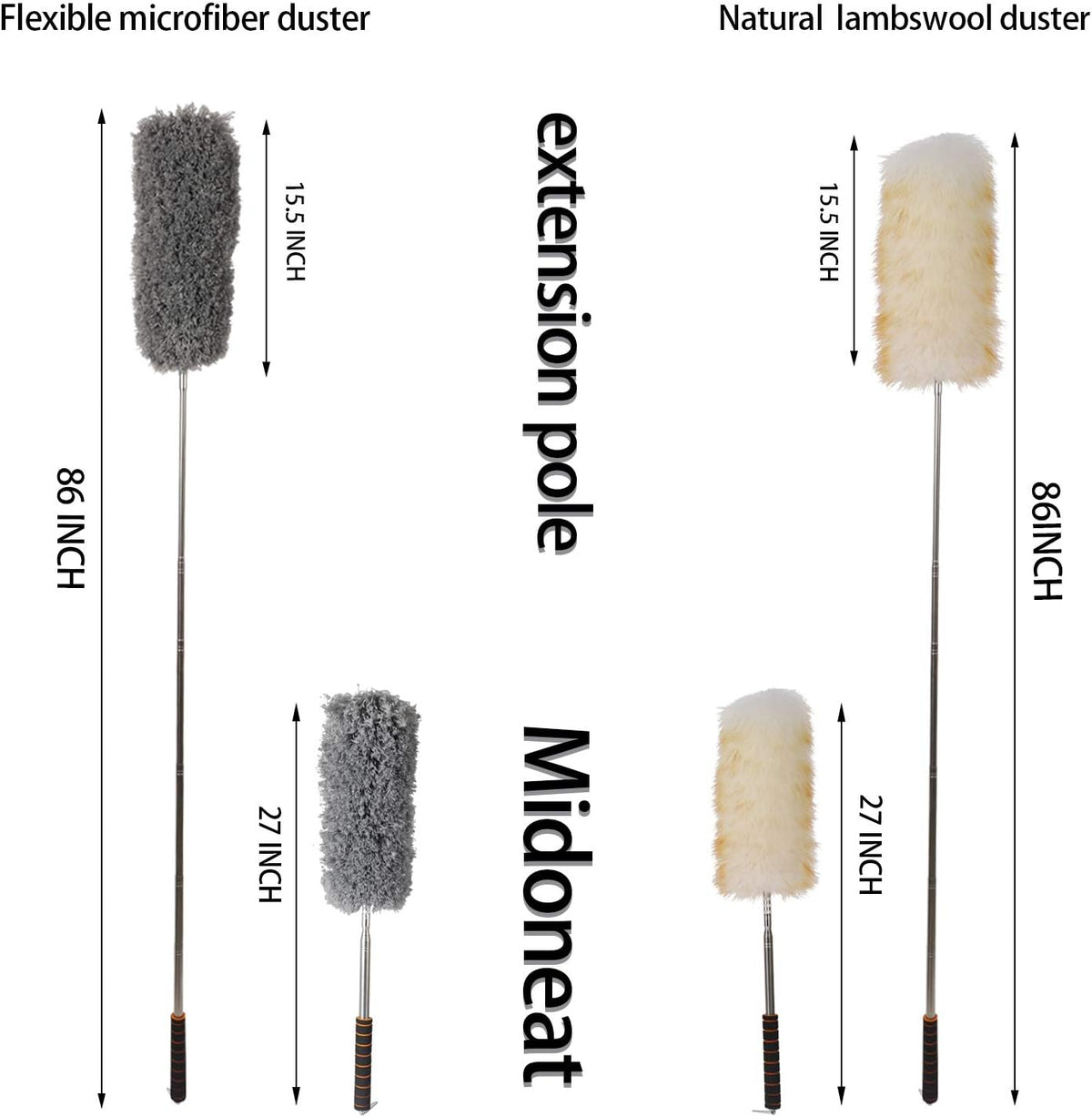 Midoneat Lambswool Duster with Extra Flexible Microfiber Head,Long Reach/Extendable Duster Up to 86" for Cleaning High Ceiling Fan, Interior Roof, Cobweb, Keyboard, Furniture