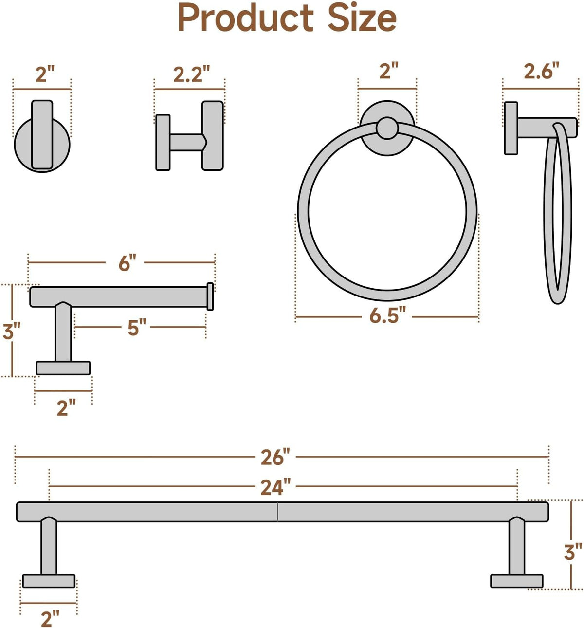 USHOWER 8PCS Brushed Nickel Bathroom Hardware Set, 24-Inch Towel Bar Set