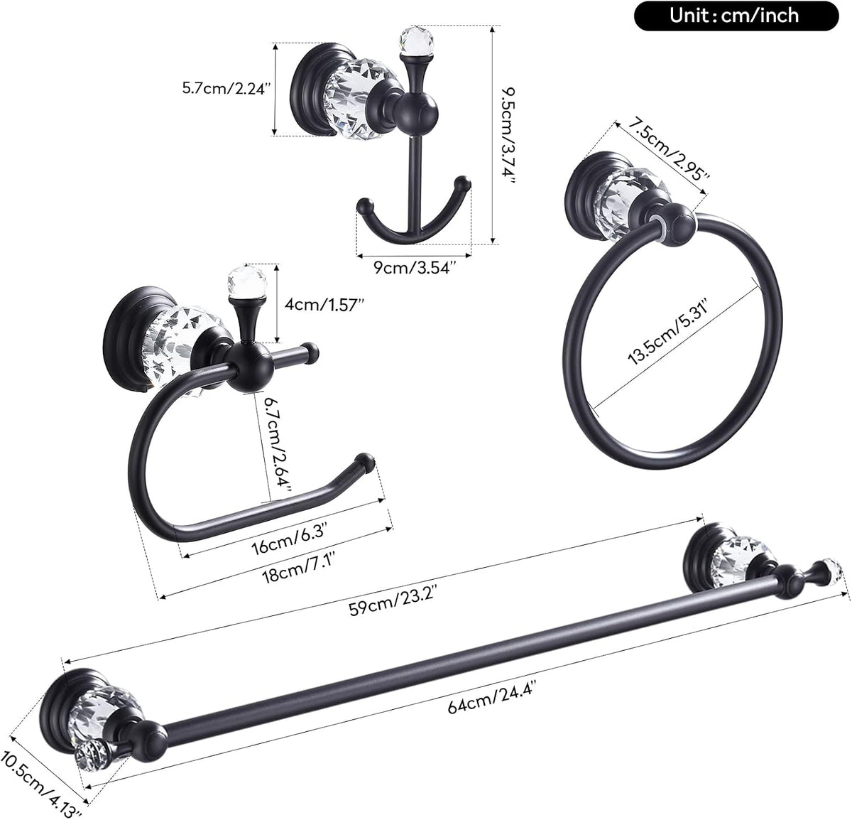 WOLIBEER Crystal Bathroom Hardware, Black 24 Inch Towel Bar Set Toilet Paper Holder Towel Ring Coat Hooks Bathroom Accessories 4 Pieces Wall Mounted