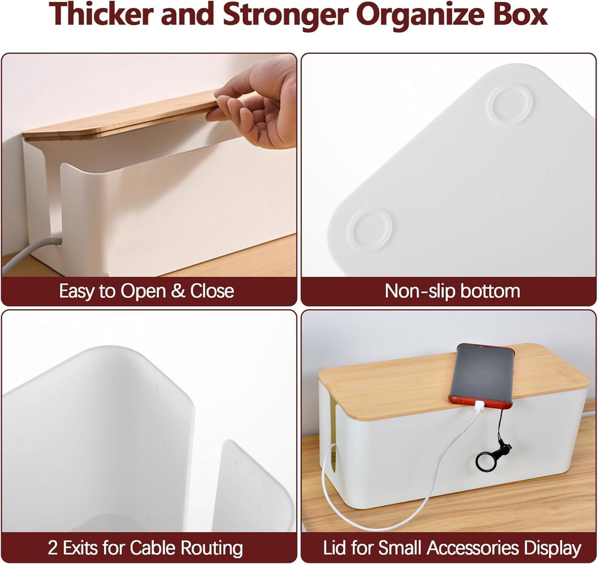2-Pack Cord Organizer Box with Lids, White Cable Management Box Set, No-Drill Charger & Computer Wire Organizers for Desk, TV, Router, Computer, and Outlets in The Office, Study, Kitchen Areas