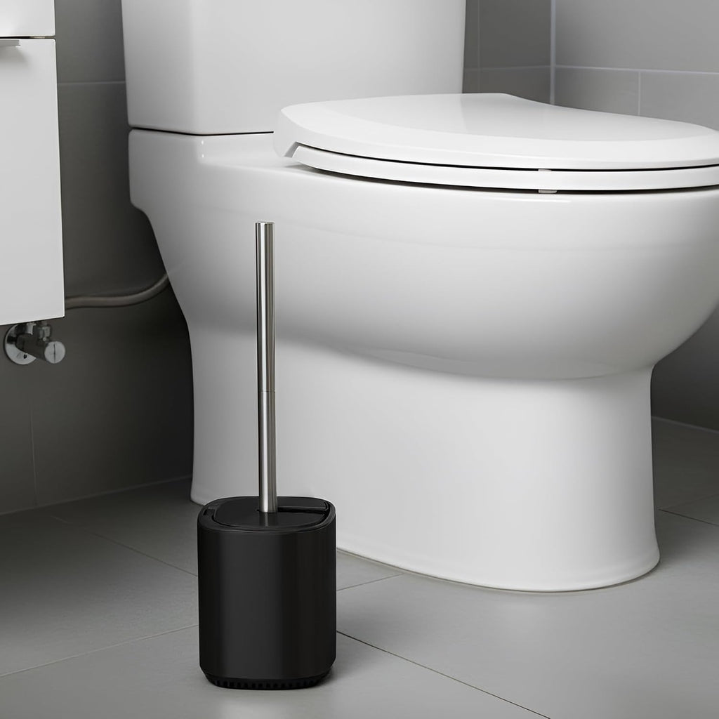 Toilet Bowl Brush and Holder, Toilet Brush with Stainless Steel Handle and Durable Bristles for Bathroom Cleaning, Automatic Closing Holder Set (Black)