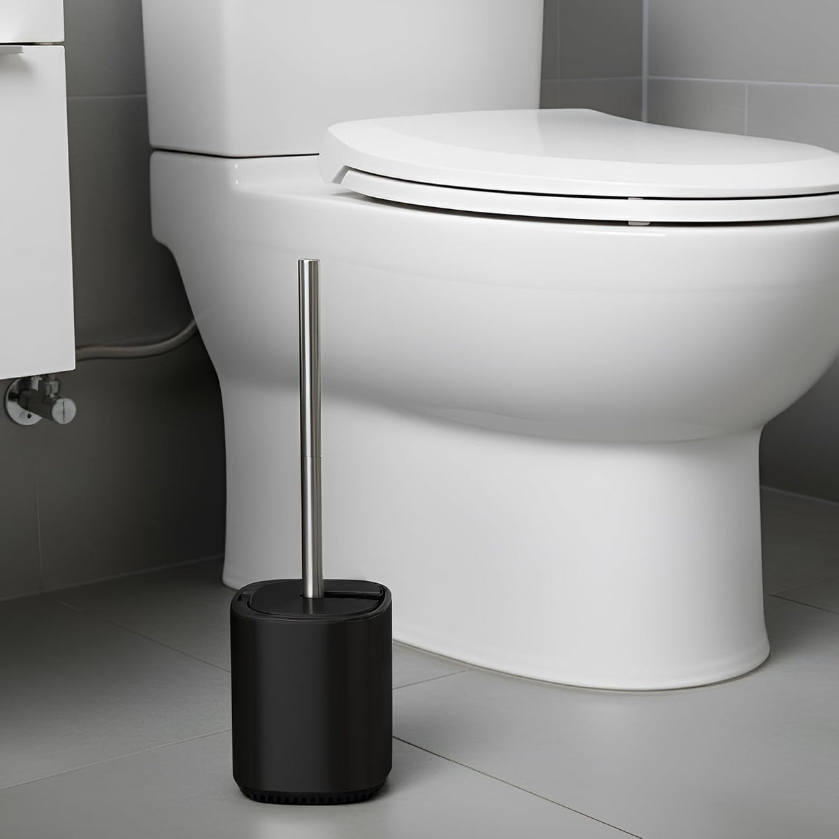 Toilet Bowl Brush and Holder, Toilet Brush with Stainless Steel Handle and Durable Bristles for Bathroom Cleaning, Automatic Closing Holder Set (Black)