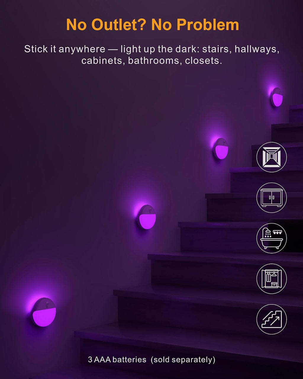 YUNLEX Purple Motion Sensor Night Light Battery Operated, Dim Sticky Light