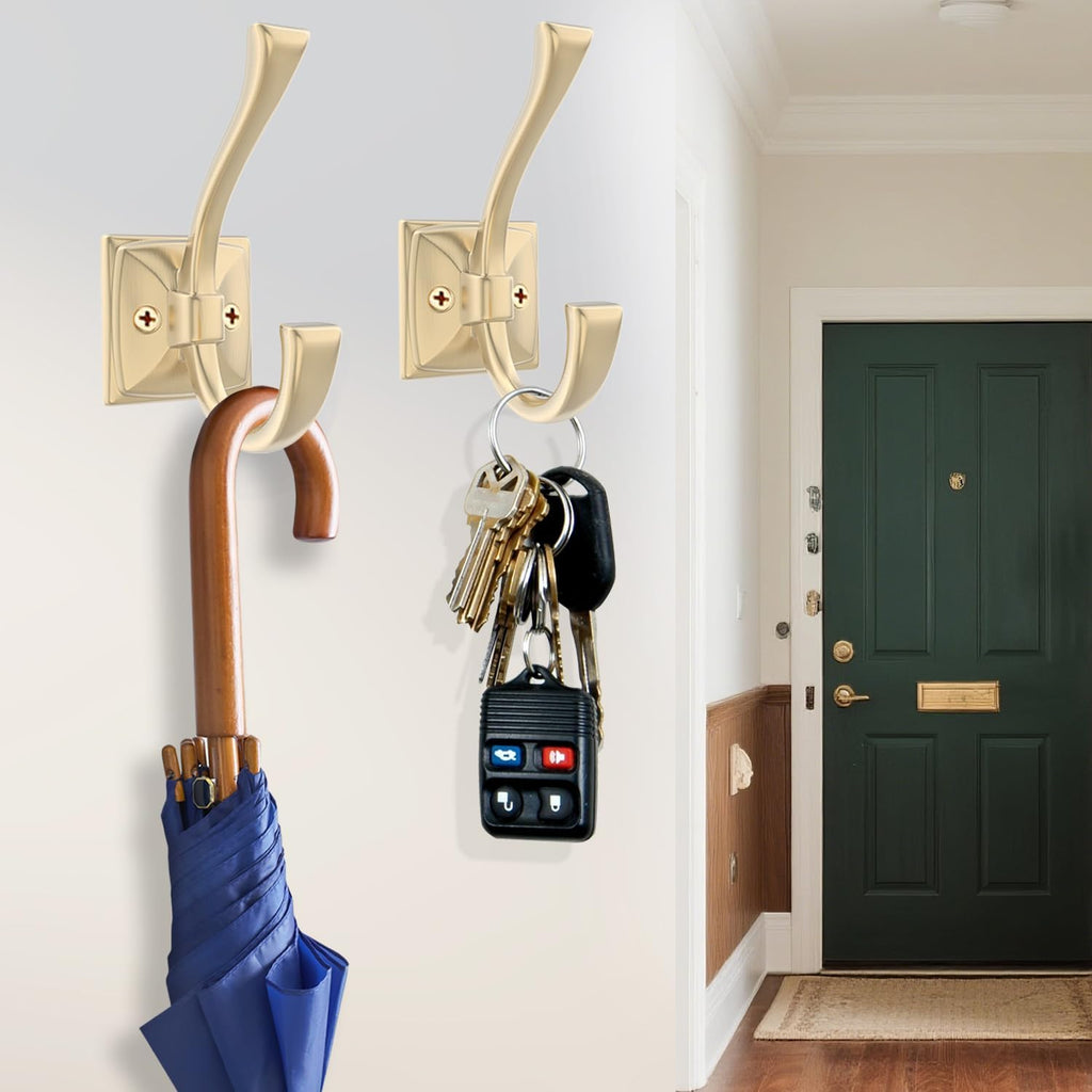 TOFIIGREM 2 Pack Brushed Gold Wall Hooks for Hat, Coat, Towel, Key, Bag, Mudroom Hooks Entrance Bathroom Door Decorative Heavy Duty Coat Hanger