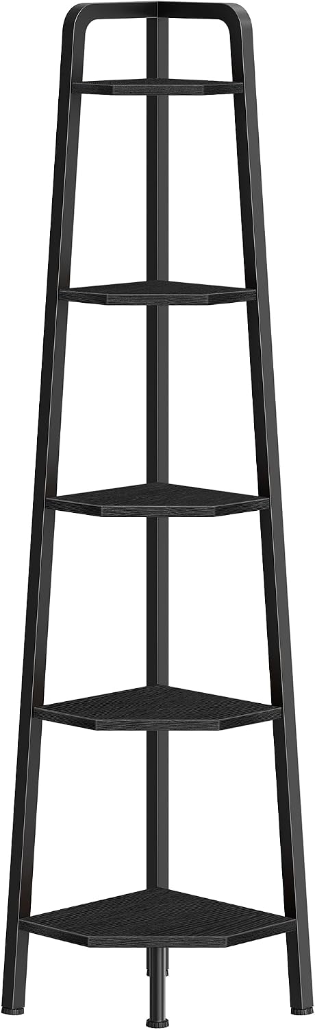 CHOEZON Corner Shelf, 5-Tier Ladder Corner Shelf, Ladder Bookshelf, 59.6" Tall Vertical Display Stand, Metal Frame Bookshelf, for Living Room, Bedroom, Kitchen, Black TCJ20BB