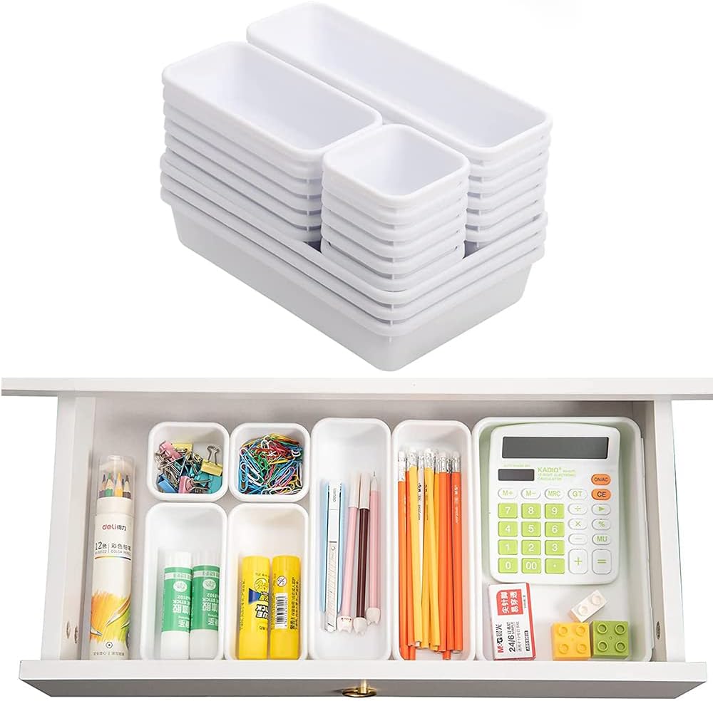 BOPART 25pcs Drawer Organizer Trays for Makeup Jewelries or Gadgets Storage Bins Interlocking for Office, Bedroom Dresser, Bathroom Vanity, Kitchen Junk Drawers Organization - White