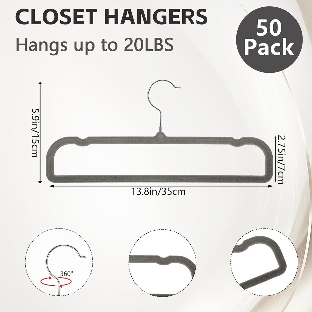 50 Pack Velvet Pants Hangers Non Slip, Velvet Hangers Space Saving for Closet, Strong Durable Clothes Hanger with 360° Swivel Hook, Ultra Soft Flocked Hanger for Pants Jeans Shirts Bra Shorts (Grey)