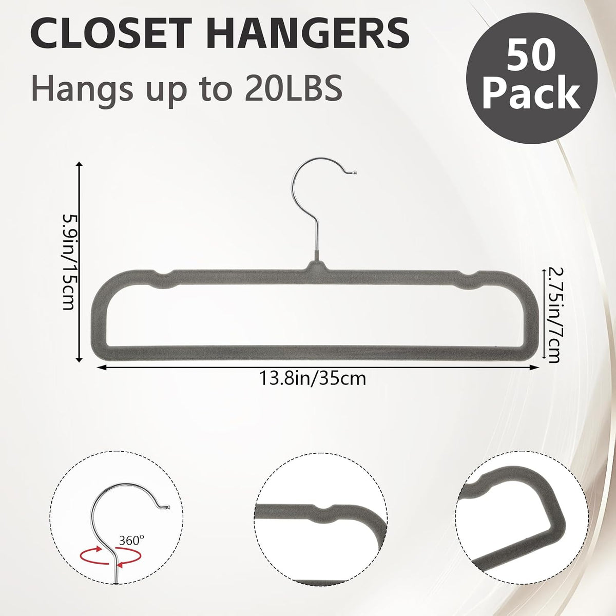 50 Pack Velvet Pants Hangers Non Slip, Velvet Hangers Space Saving for Closet, Strong Durable Clothes Hanger with 360° Swivel Hook, Ultra Soft Flocked Hanger for Pants Jeans Shirts Bra Shorts (Grey)