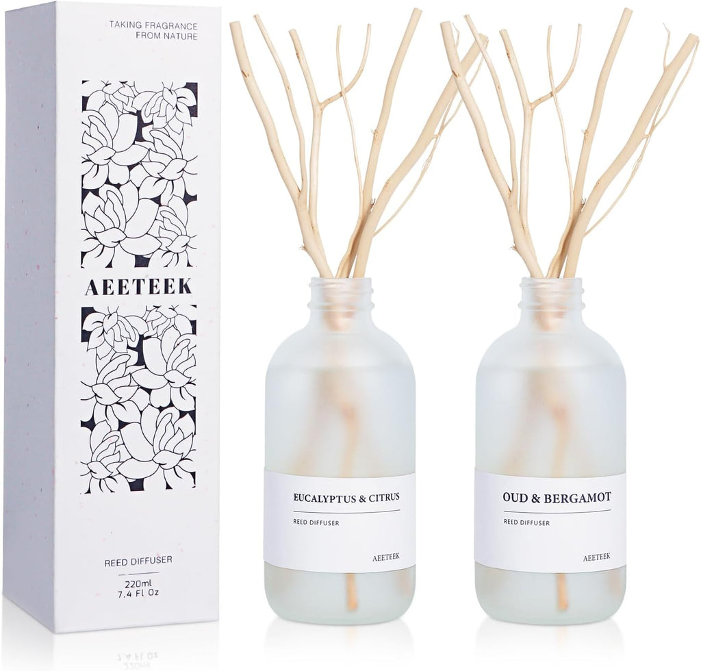 Eucalyptus Citrus & Oud Bergamot Reed Diffuser Set of 2, 14.8 oz(220mlx2) Scented Oils with Willow Branches Diffuser Sticks, Long Lasting Essential Oil, Air Freshener for Home, Office