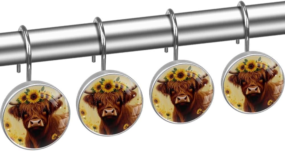 12 Pcs Sunflowers and Highland Cow Round Shower Curtain Hooks Stainless Steel Decorative Hanger Rings for Bathroom Kitchen Bedroom Curtain Rods