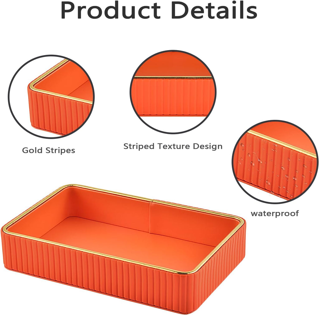 PU Leather Valet Tray,Desk Organizer Tray Nightstand Organizer Trinket Dish Storage Key Bowl Decorative Trays for Phone Wallet Jewelry Watch Bathroom Bedroom Perfume Vanity Trays,Orange