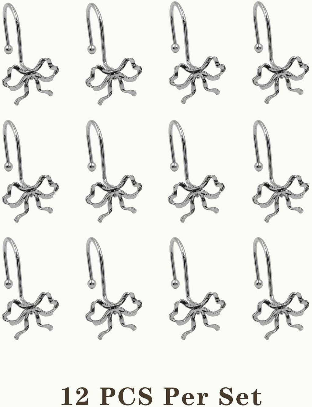 Silver Bow Shower Curtain Hooks, 12 Pack Coquette Bathroom Decor, Decorative Metal Rust Proof Shower Curtain Rings for Modern Feminine & Elegant Bathroom Aesthetic